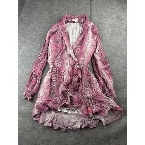 Rocco Sand Lexi Pink Snake Print Chiffon Sexy Resort Mini Wrap Dress Women's‎ L